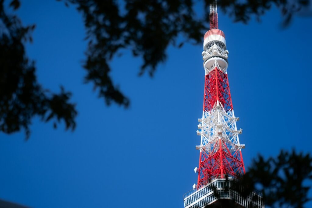 The eiffel tower is red, white and blue